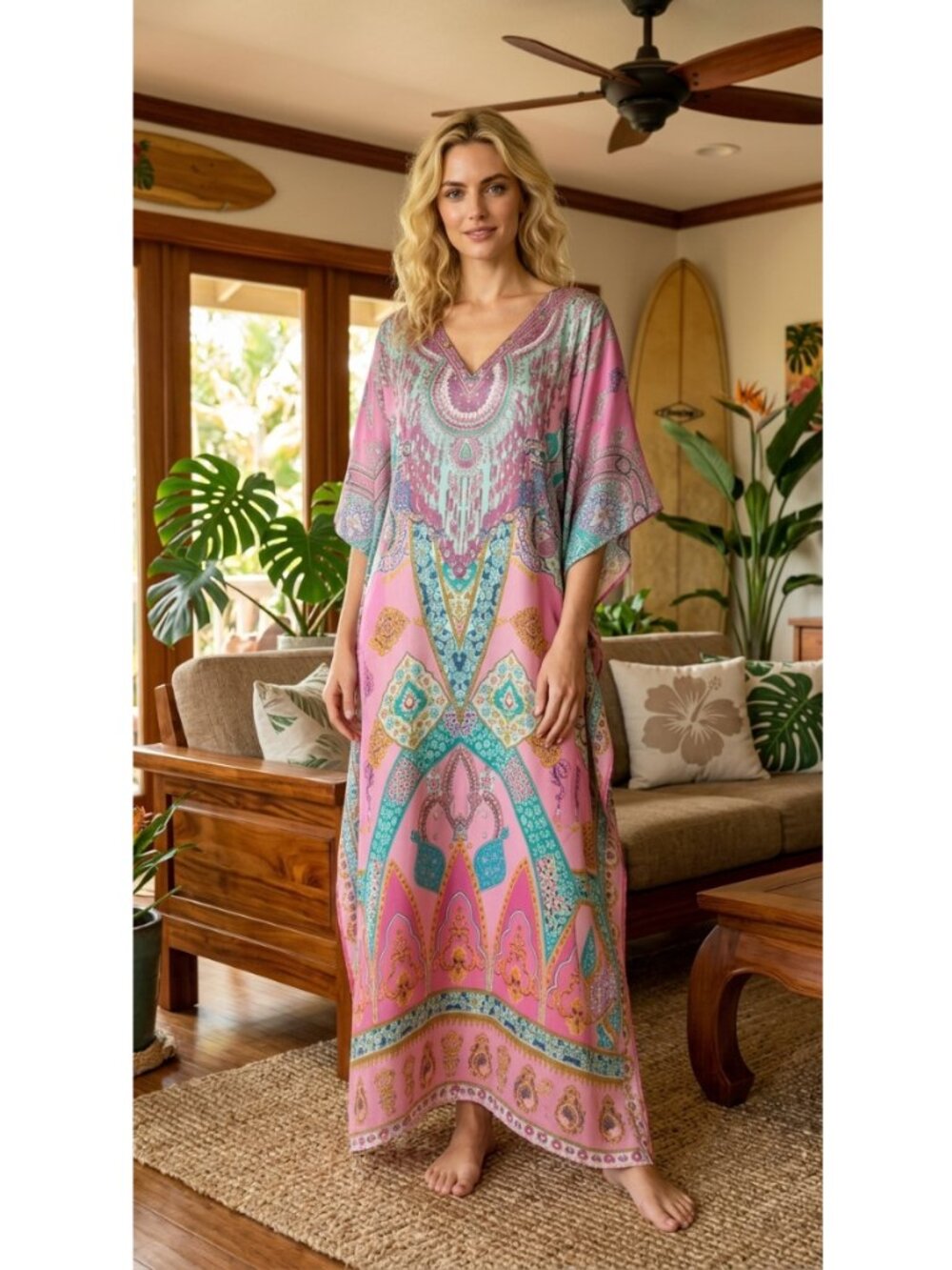 Pink Bohemian Digital Print Satin Silk Kaftan Maxi Dress Plus Size